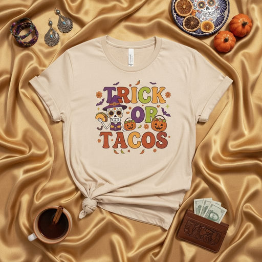 Trick Or Tacos Halloween Sugar Skull Shirt, Funny Taco Eating Skeleton Costume Tee, Festive Dia de Muertos Foodie T-Shirt, Spooky Fall Graphic Top, Unisex Holiday Party Gift Apparel Mexicada