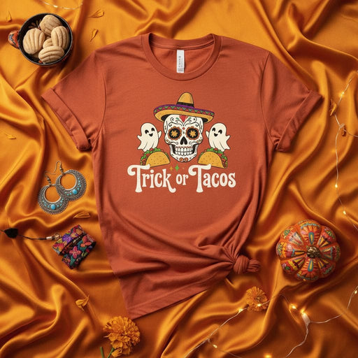 Trick or Tacos Shirt Day of the Dead Sugar Skull Sombrero Ghost Halloween Tee Unisex T-Shirt Funny Fall Fiesta Gift Idea Mexicada