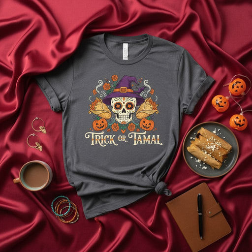 Trick or Tamal Sugar Skull Witch Hat Halloween Shirt, Dia de Muertos Tamales Food Pun Unisex T-Shirt, Fall Spooky Season Graphic Tee Mexicada