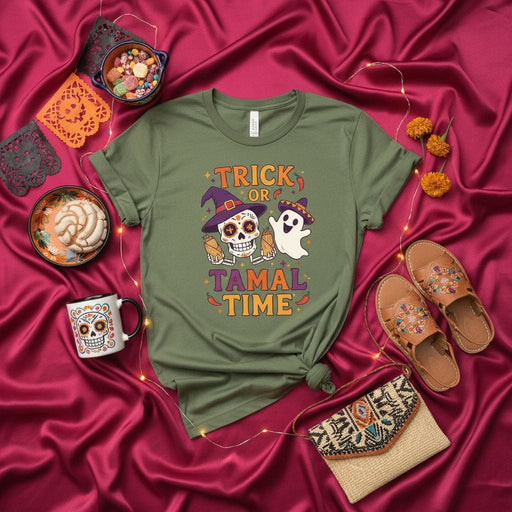 Trick or Tamal Time Halloween Shirt, Day of the Dead Sugar Skull Ghost Tee, Funny Dia de Muertos Gift, Unisex Spooky Season Tamale Lover Apparel Mexicada