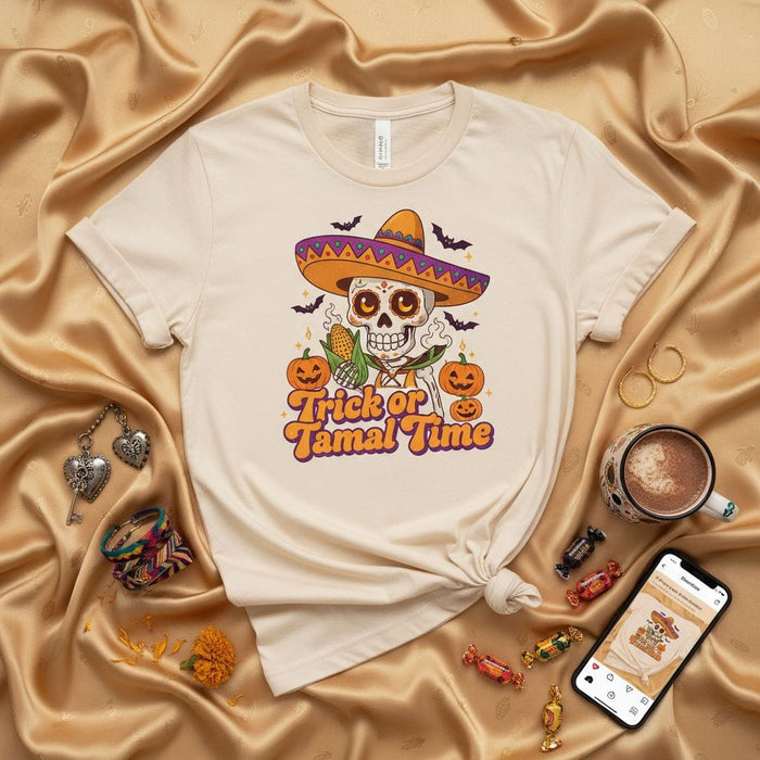 Trick or Tamal Time Shirt, Halloween Sombrero Skull T-Shirt, Day of the Dead Sugar Skull, Tamales Lover Gift, Fall Fiesta Shirt, Unisex Graphic Tee Mexicada
