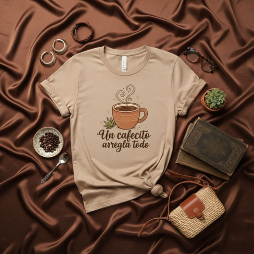 Un cafecito arregla todo Spanish Coffee T-Shirt, Coffee Lover Gift, Unisex Latina Shirt, Espresso Lover Tee, Cafe Cubano Shirt, Latinx Apparel Mexicada