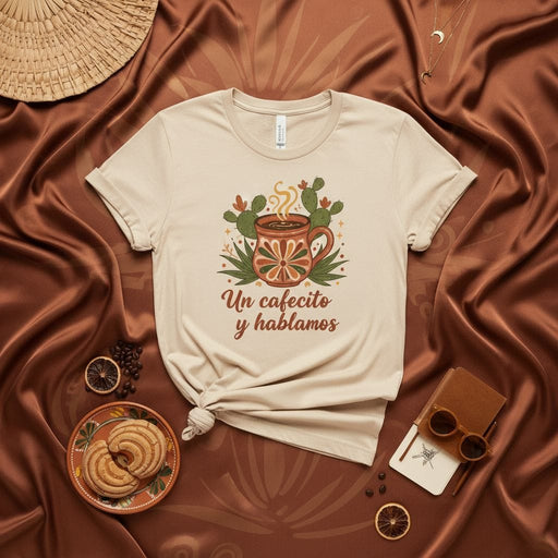 Un cafecito y hablamos T-Shirt, Cute Mexican Coffee and Chat Tee, Desert Cactus Latte Mug Design, Spanish Phrase Shirt, Unisex Aesthetic Clothing Gift Mexicada