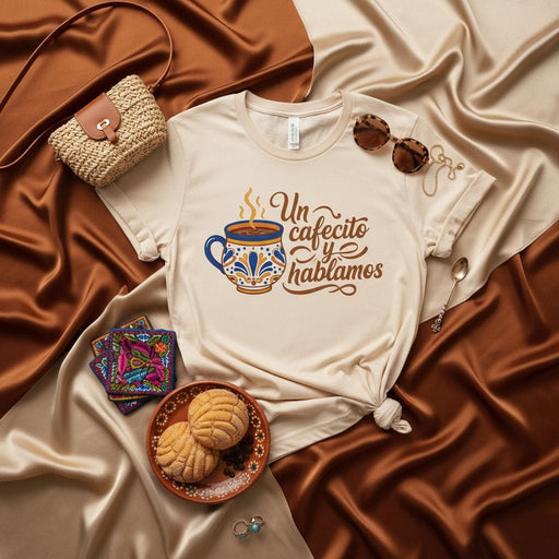 Un cafecito y hablamos T-Shirt, Spanish Coffee Concha Shirt, Pero Primero Cafe, Latina Gift, Hispanic Heritage Month Tee, Coffee Lover Shirt, Talking Shirt, Cute Mexican Mug Design, Women's/Men's Unisex Shirt Mexicada