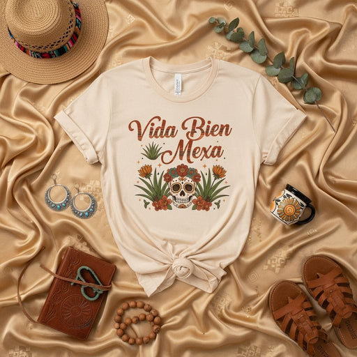 Vida Bien Mexa Sugar Skull T-Shirt, Day of the Dead Shirt, Calavera Tee, Mexican Fiesta Shirt, Cute Mexico Graphic Tee, Bohemian Skull Shirt, Unisex Hispanic Heritage Gift for Women Mexicada