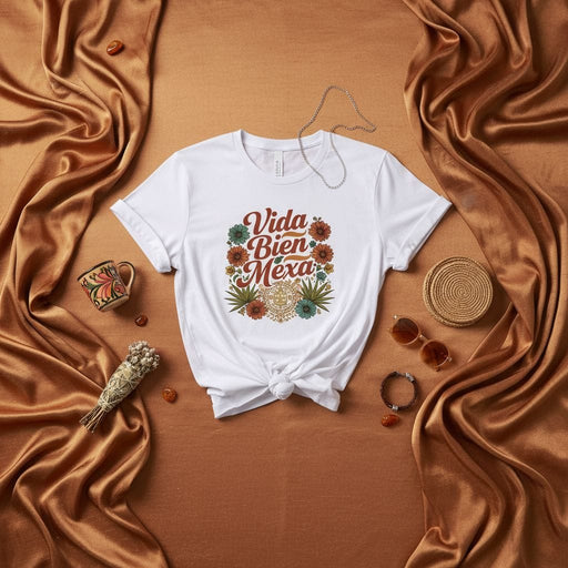 Vida Bien Mexa T-Shirt, Floral Design Mexican Heritage Tee, Unisex Latina Shirt, Hispanic Culture Gift, Short Sleeve Graphic Apparel Mexicada