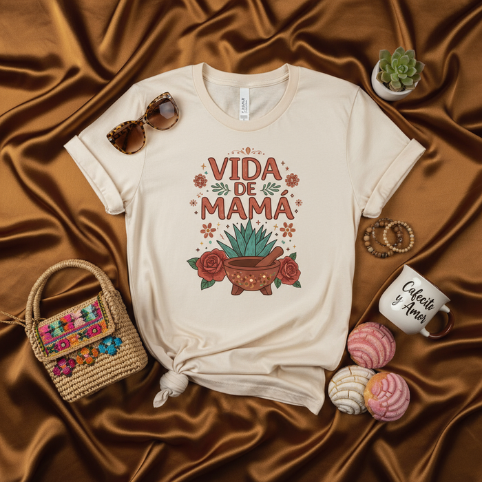 Vida de Mamá T-Shirt | Latina Mom Life Design Tee | Molcajete, Agave, and Roses Graphic Shirt | Boho Mama Gift | Spanish Phrase Retro Style Top Mexicada
