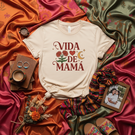 VIDA DE MAMÁ T-Shirt, Spanish Mom Life Tee, Mother's Day Gift Shirt for Hispanic Mama, Cute Floral Graphic Top for Latina Mother, Crescent Moon Heart Star Design, Women's/Unisex Softstyle Casual T-Shirt Mexicada