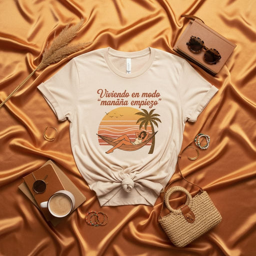Viviendo en modo "mañana empiezo" T-Shirt: Relaxed Retro Sunset Hammock Graphic Tee, Spanish Quote Shirt, Unisex Vacation and Procrastination Lifestyle Top Mexicada