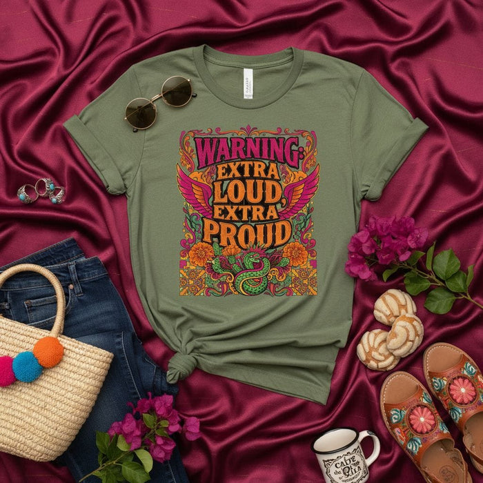 WARNING EXTRA LOUD EXTRA PROUD T-Shirt, Groovy Bohemian Pride Graphic Tee, Hippie Psychedelic Flower Art Shirt, Retro 70s Style Statement Top, Unisex Olive Green Shirt for Her Him Mexicada