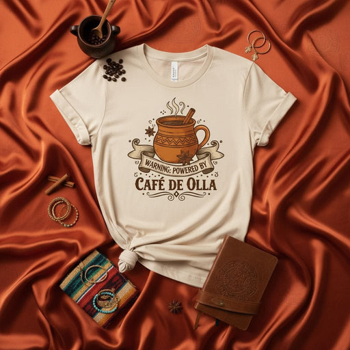 WARNING: POWERED BY CAFÉ DE OLLA T-Shirt - Traditional Mexican Coffee Mug Design Tee, Unisex Comfort Shirt, Spiced Coffee Lover Gift, Spanish Heritage Apparel Mexicada