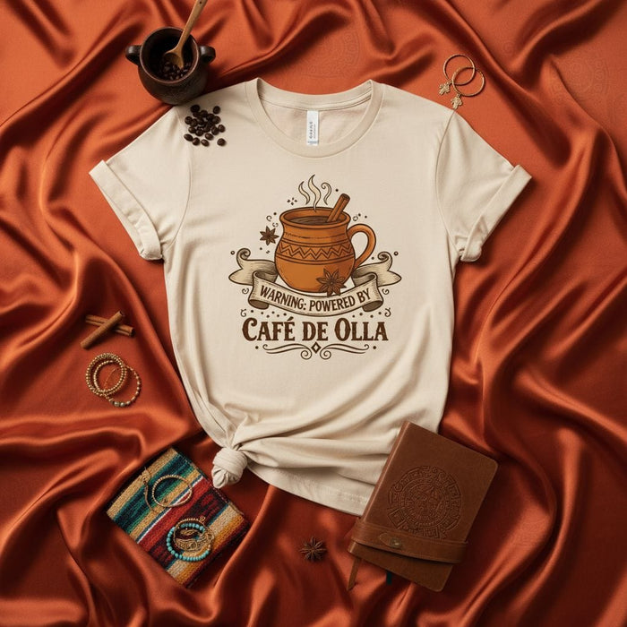 WARNING: POWERED BY CAFÉ DE OLLA T-Shirt - Traditional Mexican Coffee Mug Design Tee, Unisex Comfort Shirt, Spiced Coffee Lover Gift, Spanish Heritage Apparel Mexicada