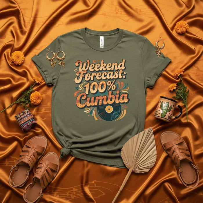Weekend Forecast 100% Cumbia T-Shirt, Cumbia Dance Music Tee, Retro Latin Music Shirt, Vinyl Record Graphic T-Shirt, Unisex Cumbia Lover Gift, Salsa Merengue Bachata Dancing Shirt Mexicada