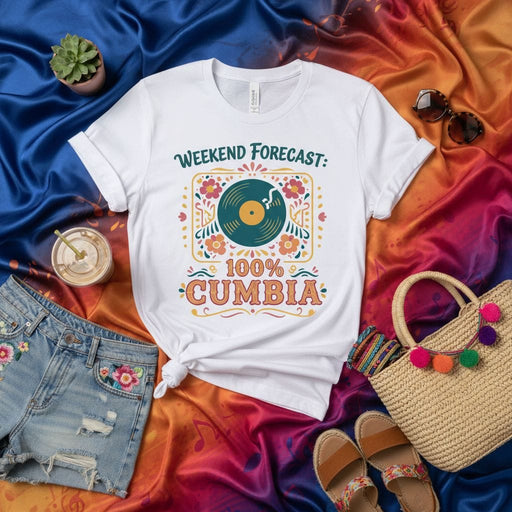 Weekend Forecast 100% Cumbia T-Shirt, Cumbia Music Vinyl Record Tee, Latin Dance Weekend Vibes Shirt, Unisex Gift for Cumbia Lovers, Retro Floral Graphic Top Mexicada