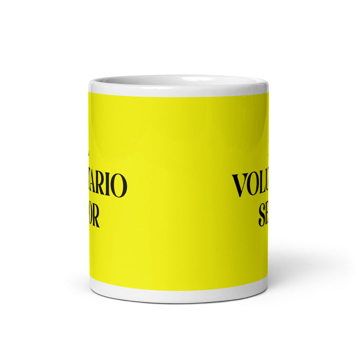 El Voluntario Senior The Senior Volunteer Funny Home Office Work Coffee Mug Mexican Spanish Pride Gift White Glossy Cup Yellow Card Mug