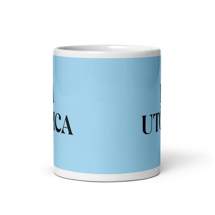 La Utópica, die Utopie, lustige Kaffeetasse für Zuhause, Büro, Arbeit, mexikanisches spanisches Pride-Geschenk, weiße glänzende Tasse, himmelblaue Kartentasse