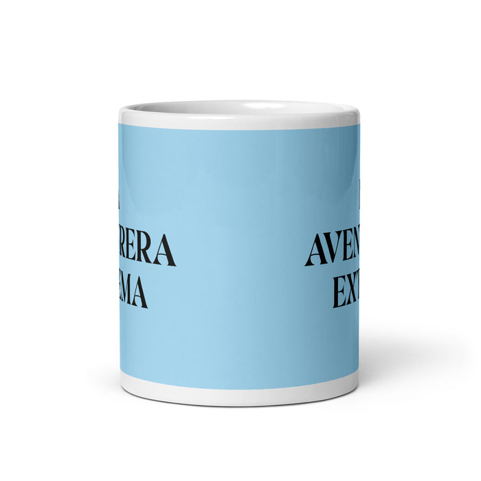 La Aventurera Extrema The Extreme Adventurer Funny Home Office Work Coffee Mug Mexican Spanish Pride Gift White Glossy Cup Sky Blue Card Mug