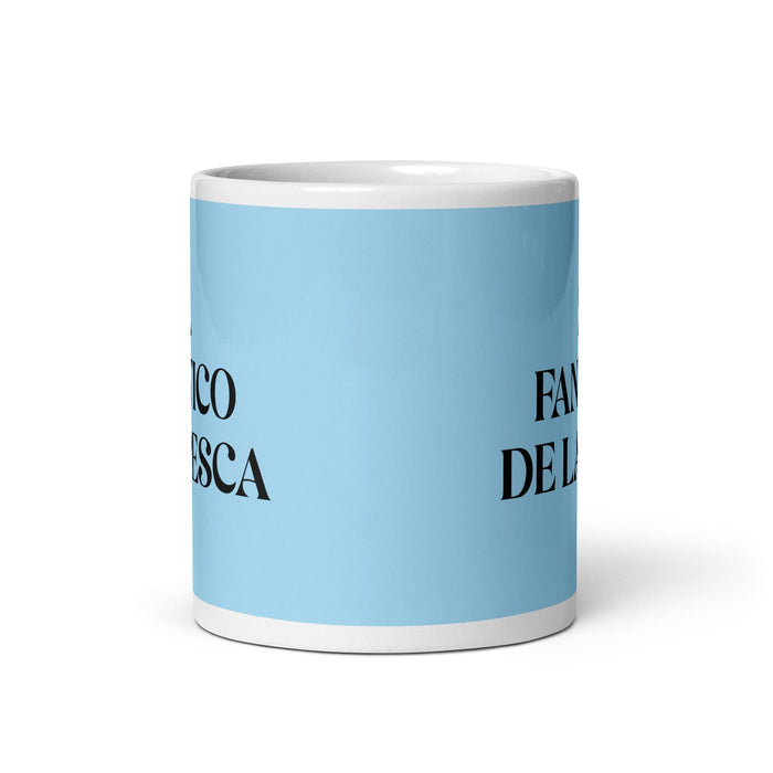 El fanático de la pesca, taza de café divertida para el hogar, la oficina, el trabajo, el fanático de la pesca, regalo de orgullo mexicano español, taza blanca brillante, taza de tarjeta azul cielo