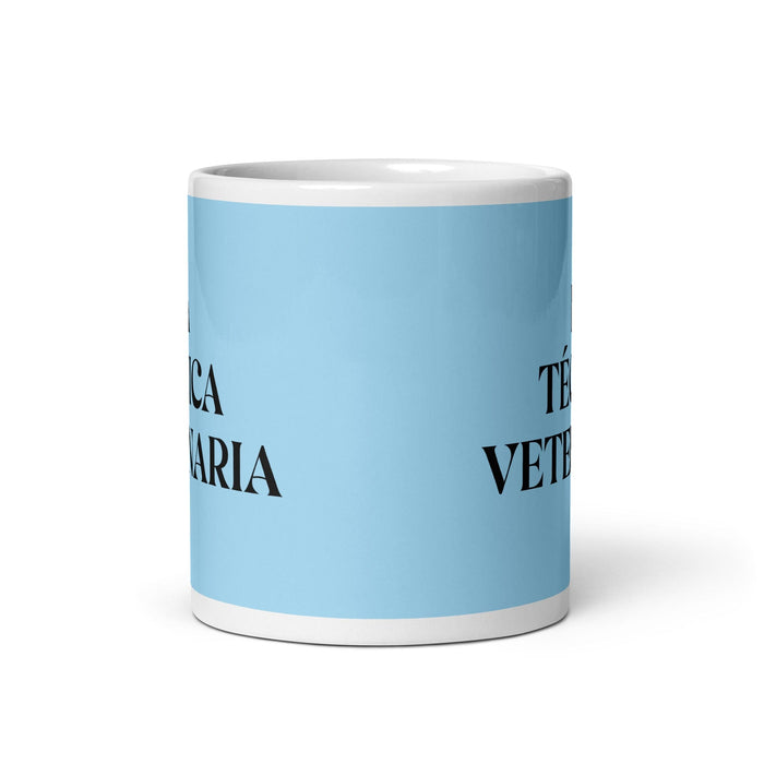 La Técnica Veterinaria Le technicien vétérinaire Tasse à café amusante pour le travail à domicile ou au bureau Cadeau de fierté mexicaine espagnole Tasse blanche brillante Carte bleu ciel