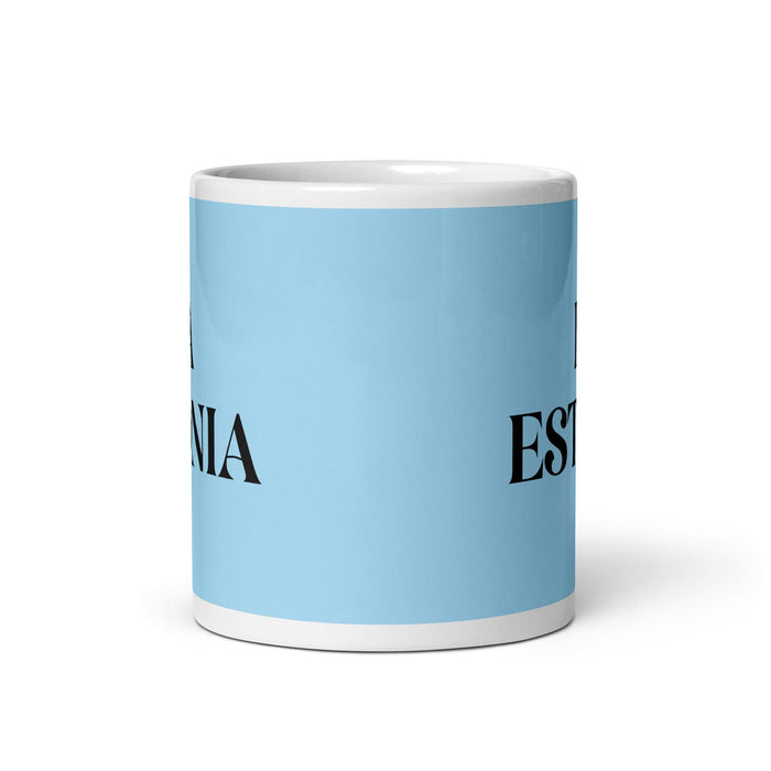 La Estonia, die estnische, lustige Kaffeetasse für Zuhause, Büro, Arbeit, mexikanisches spanisches Stolzgeschenk, weiße glänzende Tasse, himmelblaue Kartentasse