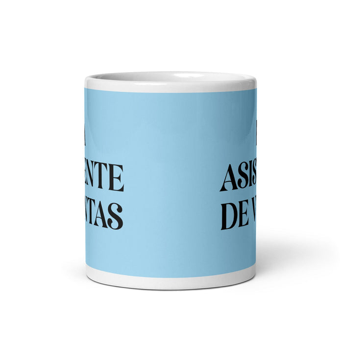 La Asistente De Ventas, der Verkaufsassistent, lustige Kaffeetasse für Zuhause, Büro, Arbeit, mexikanisches spanisches Pride-Geschenk, weiße glänzende Tasse, himmelblaue Kartentasse