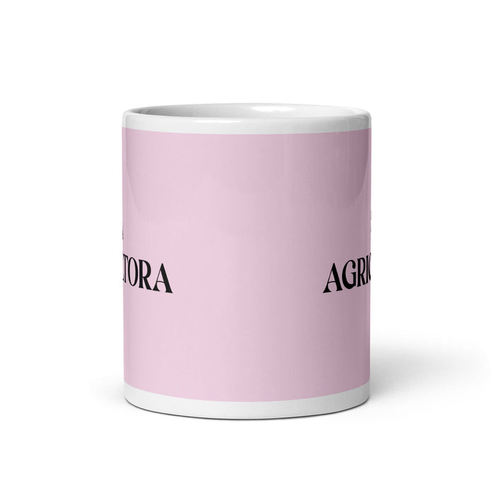 Lustige Kaffeetasse „La Agricultora, der Bauer“, für Zuhause, Büro, Arbeit, mexikanisches spanisches Stolzgeschenk, weiße glänzende Tasse, hellrosa Kartentasse