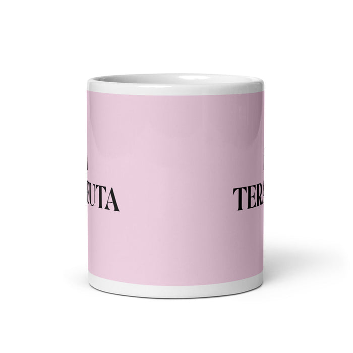 La Terapeuta The Therapist Tasse à café amusante pour le travail à domicile ou au bureau Cadeau de fierté mexicaine espagnole Tasse blanche brillante Carte rose clair