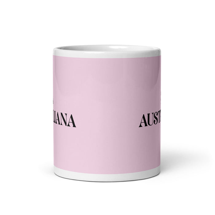 La Australiana, die australische lustige Kaffeetasse für Zuhause, Büro, Arbeit, mexikanisches spanisches Pride-Geschenk, weiße glänzende Tasse, hellrosa Kartentasse