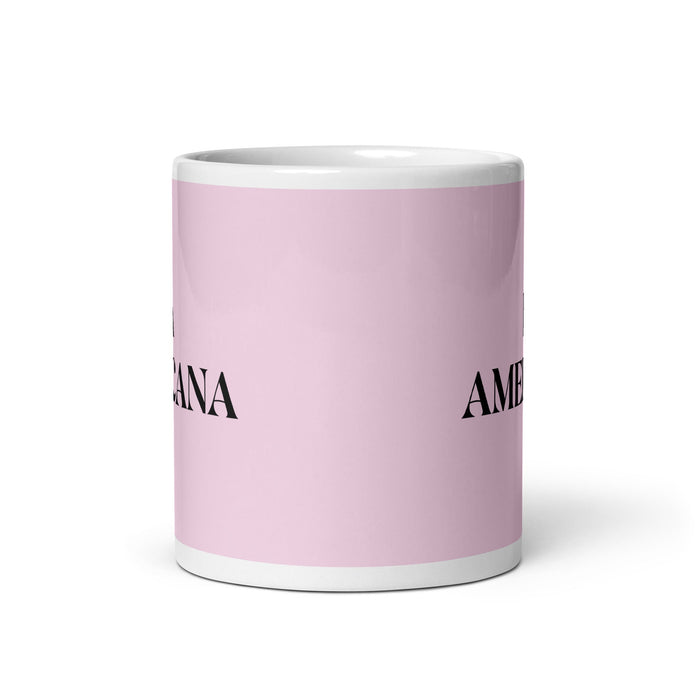 La Americana, die amerikanische lustige Kaffeetasse für Zuhause, Büro, Arbeit, mexikanisches spanisches Stolzgeschenk, weiße glänzende Tasse, hellrosa Kartentasse