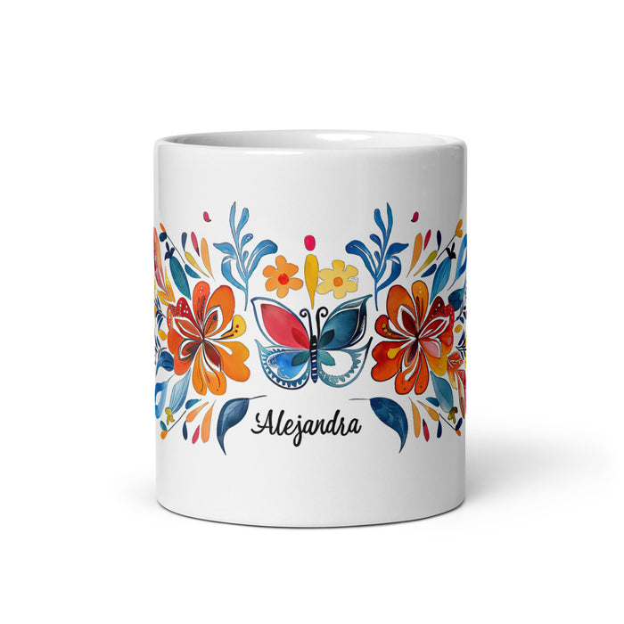 Taza de café exclusiva con nombre de Alejandra, obra de arte para el hogar, la oficina, el trabajo, regalo de orgullo mexicano y español, taza blanca brillante con caligrafía única en su tipo | A9