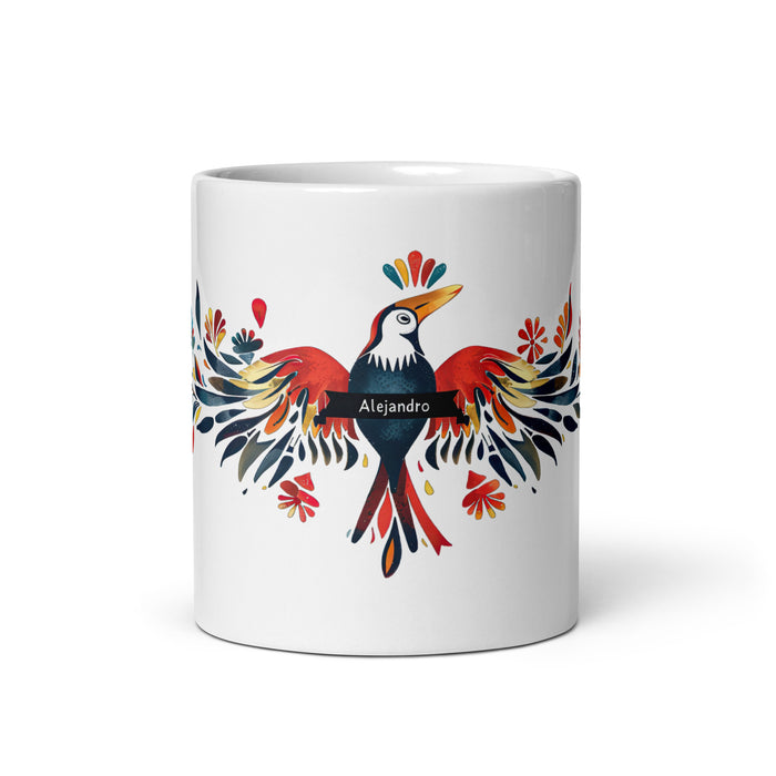 Taza de café exclusiva con nombre de Alejandro, obra de arte para el hogar, la oficina, el trabajo, regalo de orgullo mexicano español, taza blanca brillante con caligrafía única en su tipo | A10