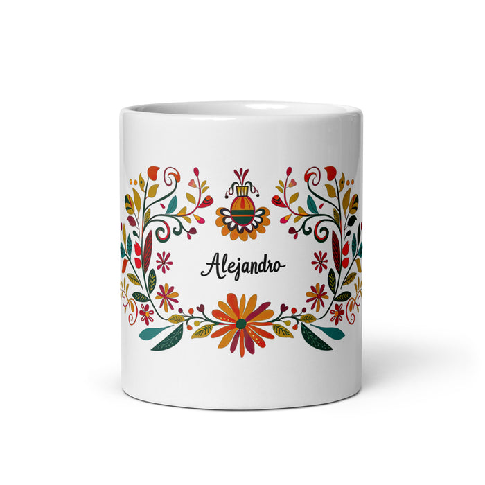 Tasse à café exclusive avec nom d'Alejandro, tasse à café pour le travail à domicile, la fierté mexicaine et espagnole, tasse à calligraphie unique, tasse blanche brillante | A12