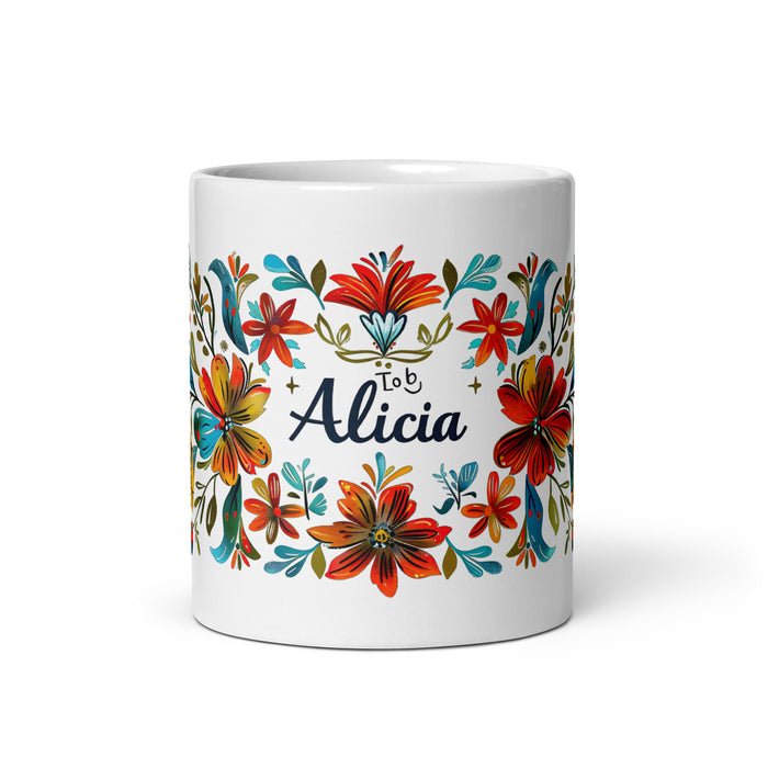 Alicia – Exklusives Namenskunstwerk, Kaffeetasse für Zuhause, Büro, Arbeit, mexikanischer und spanischer Stolz, Geschenktasse, einzigartige Kalligraphie, weiß glänzende Tasse | A12