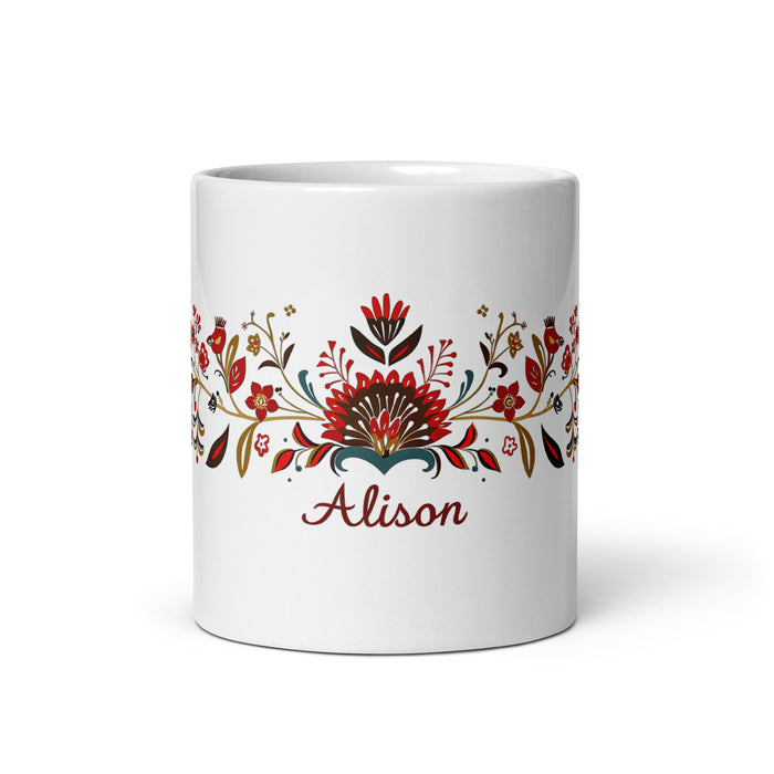 Alison – Exklusives Namenskunstwerk für Zuhause, Büro, Arbeit, Kaffeetasse, mexikanischer und spanischer Stolz, Geschenktasse, einzigartige Kalligraphie, weiß glänzende Tasse | A7