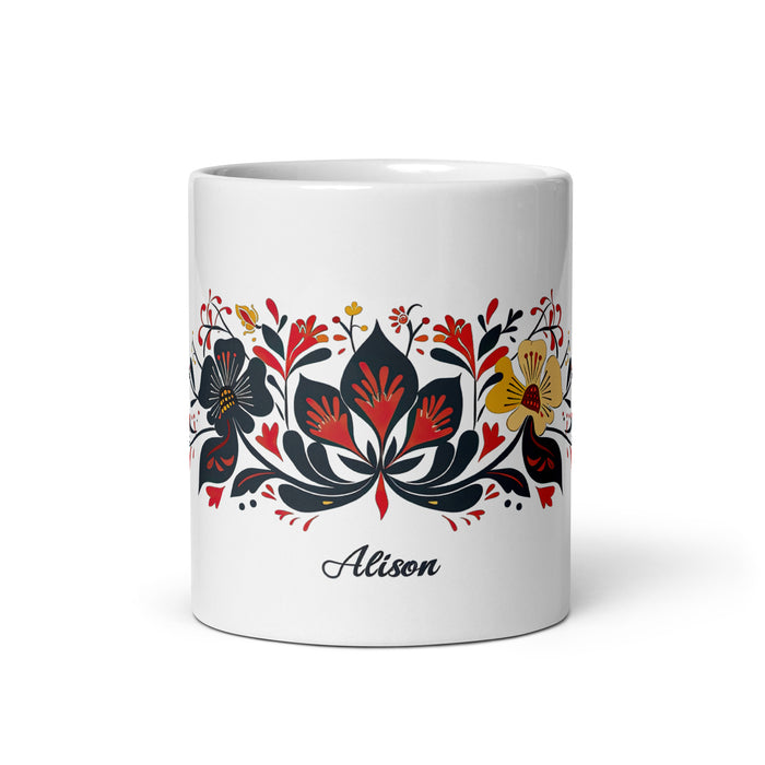 Tasse à café exclusive avec nom d'Alison, tasse à café pour le travail à domicile, tasse cadeau de fierté espagnole mexicaine, tasse blanche brillante avec calligraphie unique en son genre | A23