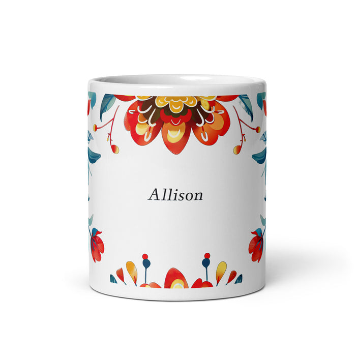 Allison Exklusives Namenskunstwerk für Zuhause, Büro, Arbeit, Kaffeetasse, mexikanischer und spanischer Stolz, Geschenktasse, einzigartige Kalligraphie, weiß glänzende Tasse | A10