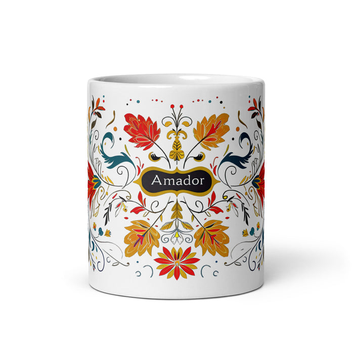 Tasse à café exclusive Amador avec nom, pour la maison, le bureau, le travail, la fierté mexicaine et espagnole, cadeau unique en son genre, calligraphie, blanche et brillante | A15