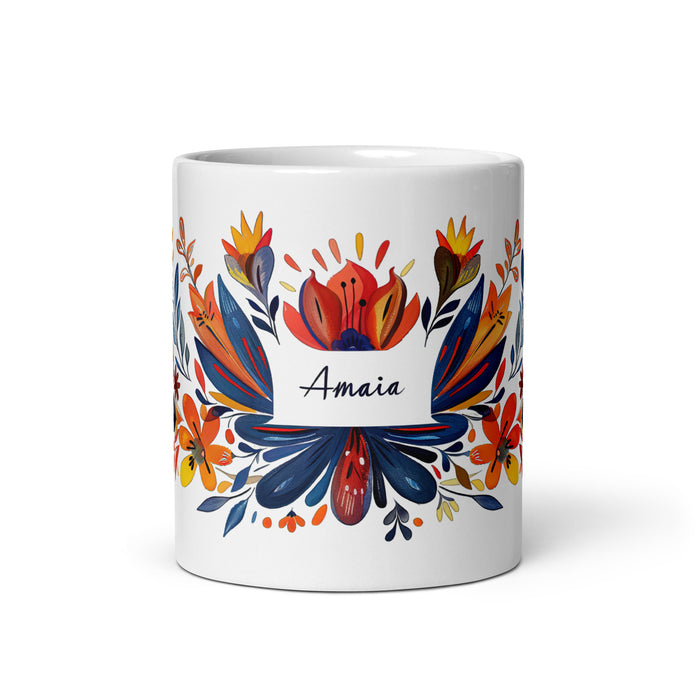 Tasse à café exclusive Amaia avec nom, pour la maison, le bureau, le travail, la fierté mexicaine et espagnole, cadeau unique en son genre, calligraphie, blanc brillant | A11