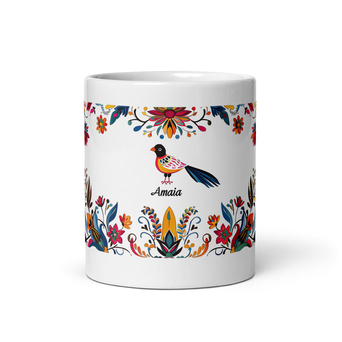 Taza de café exclusiva con nombre de Amaia, obra de arte para el hogar, la oficina, el trabajo, regalo de orgullo mexicano español, taza blanca brillante con caligrafía única en su tipo | A14