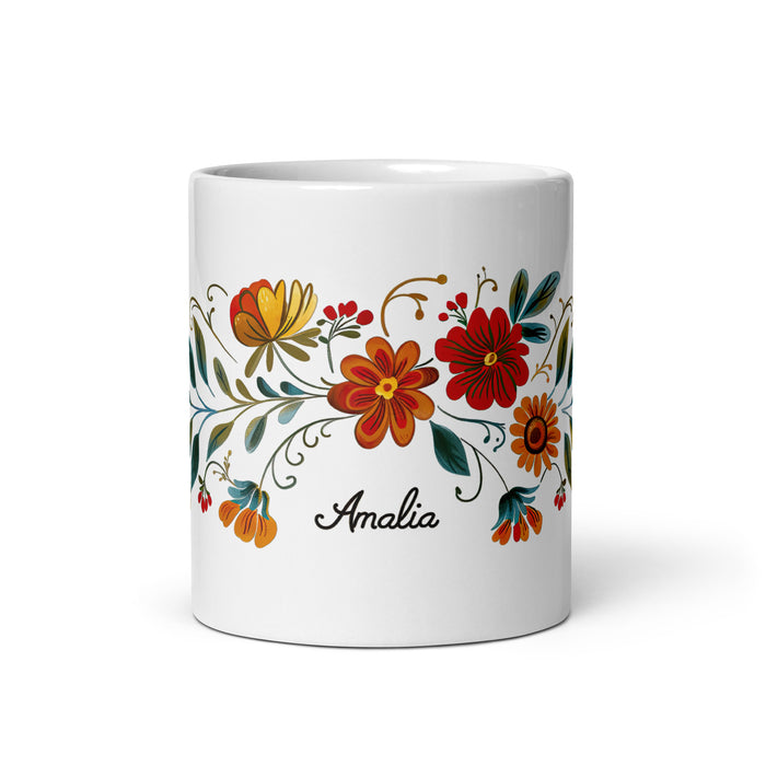 Taza de café exclusiva con nombre de Amalia, obra de arte para el hogar, la oficina, el trabajo, regalo de orgullo mexicano y español, taza blanca brillante con caligrafía única en su tipo | A14