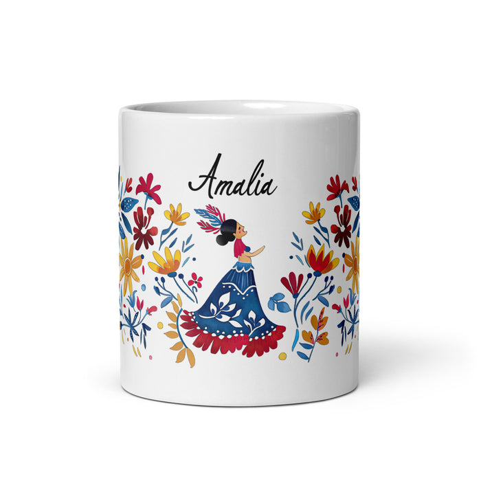 Taza de café exclusiva con nombre de Amalia, obra de arte para el hogar, la oficina, el trabajo, regalo de orgullo mexicano español, taza blanca brillante con caligrafía única en su tipo | A18