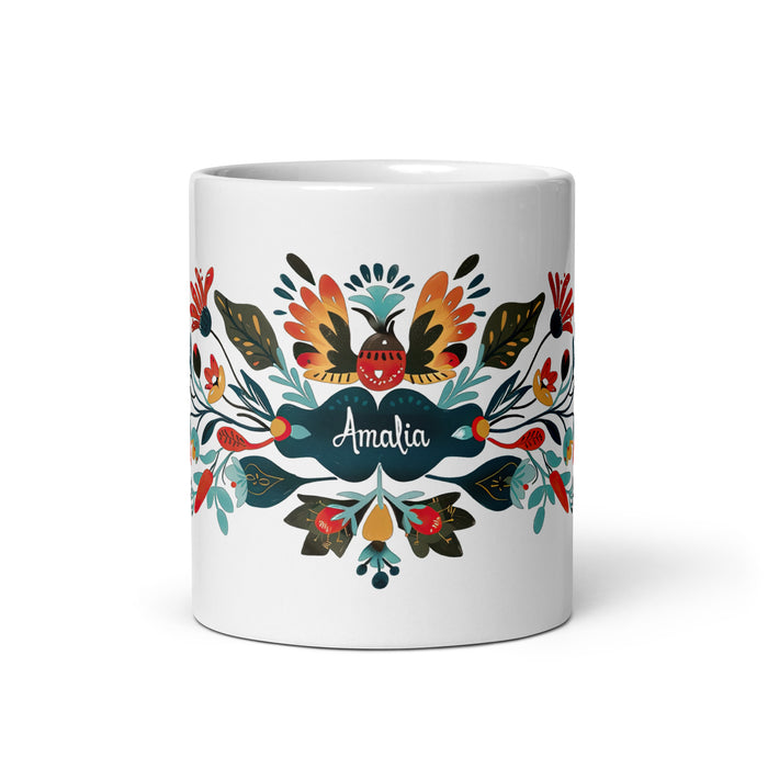 Tasse à café exclusive Amalia avec nom, pour la maison, le bureau, le travail, la fierté mexicaine et espagnole, cadeau unique en son genre, calligraphie, blanche et brillante | A24