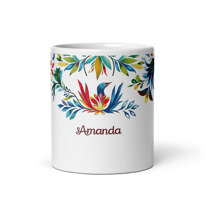 Amanda – Exklusives Namenskunstwerk, Kaffeetasse für Zuhause, Büro, Arbeit, mexikanischer und spanischer Stolz, Geschenktasse, einzigartige Kalligraphie, weiß glänzend, A4