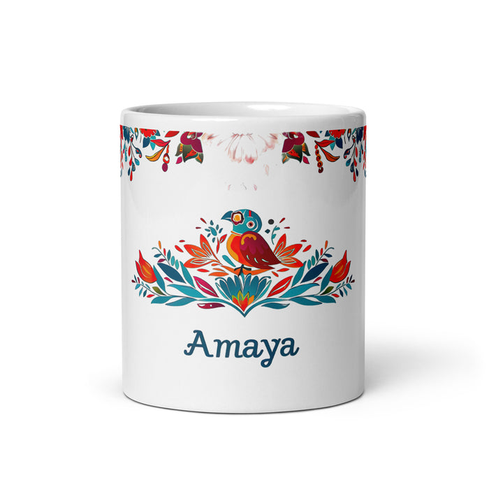 Amaya Exklusives Namenskunstwerk, Kaffeetasse für Zuhause, Büro, Arbeit, mexikanischer und spanischer Stolz, Geschenktasse, einzigartige Kalligraphie, weiß glänzend, A9