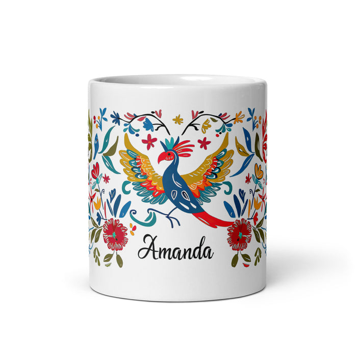 Taza de café exclusiva con nombre de Amanda, obra de arte para el hogar, la oficina, el trabajo, regalo de orgullo mexicano y español, taza blanca brillante con caligrafía única en su tipo | A14