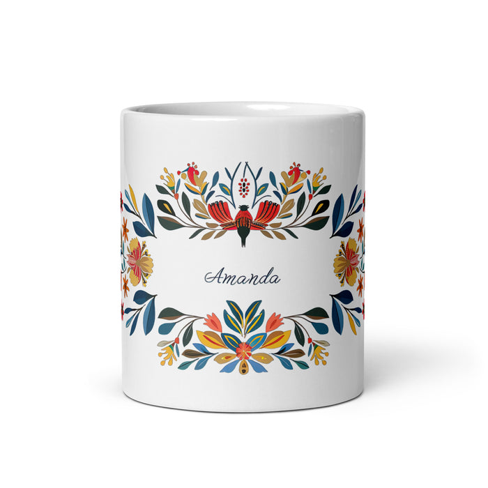 Tasse à café exclusive Amanda avec nom, pour la maison, le bureau, le travail, la fierté mexicaine et espagnole, cadeau unique en son genre, calligraphie, blanc brillant | A18