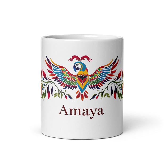 Amaya Exklusives Namenskunstwerk, Kaffeetasse für Zuhause, Büro, Arbeit, mexikanischer und spanischer Stolz, Geschenktasse, einzigartige Kalligraphie, weiß glänzend, A3