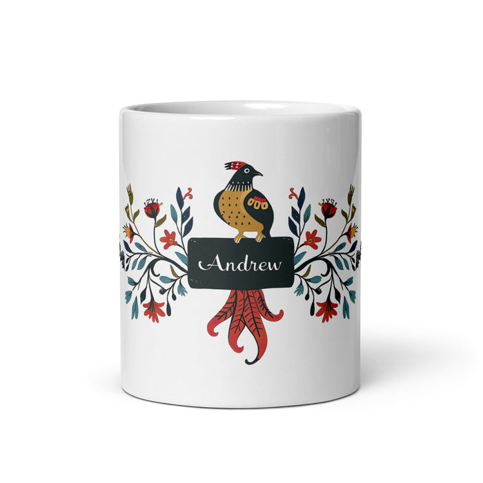 Taza de café exclusiva con nombre de Andrew, obra de arte para el hogar, la oficina, el trabajo, regalo de orgullo mexicano y español, taza blanca brillante con caligrafía única en su tipo | A2