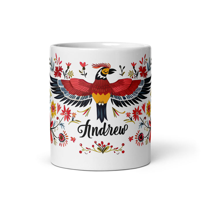 Taza de café exclusiva con nombre de Andrew, obra de arte para el hogar, la oficina, el trabajo, regalo de orgullo mexicano y español, taza blanca brillante con caligrafía única en su tipo | A3