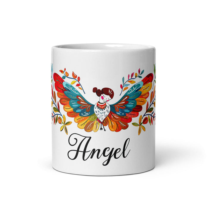 Angel Exklusives Namenskunstwerk Kaffeetasse für Zuhause, Büro, Arbeit, mexikanischer und spanischer Stolz, Geschenktasse, einzigartige Kalligraphie, weiß glänzende Tasse | A8